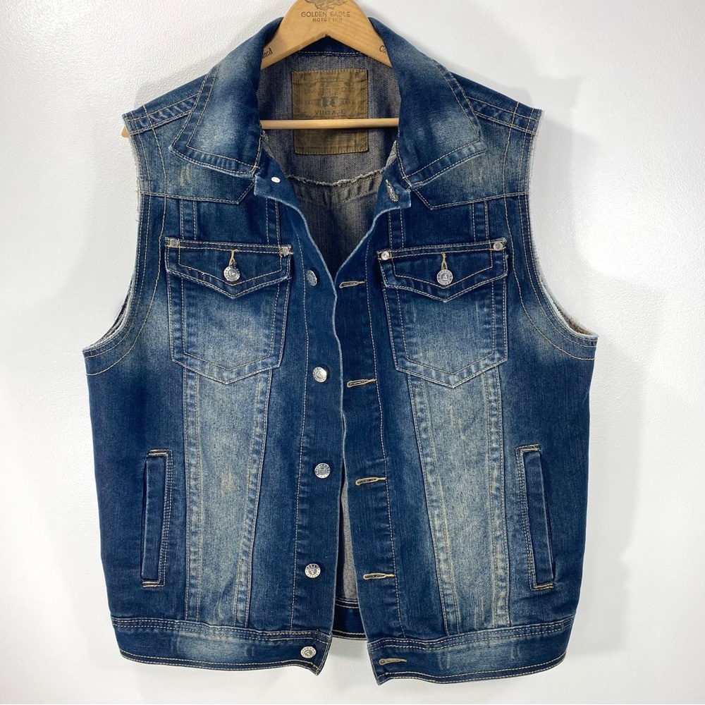 Bare Fox Vintage Trucker Grunge Distressed Moto Biker Denim Jean Jacket Vest XL